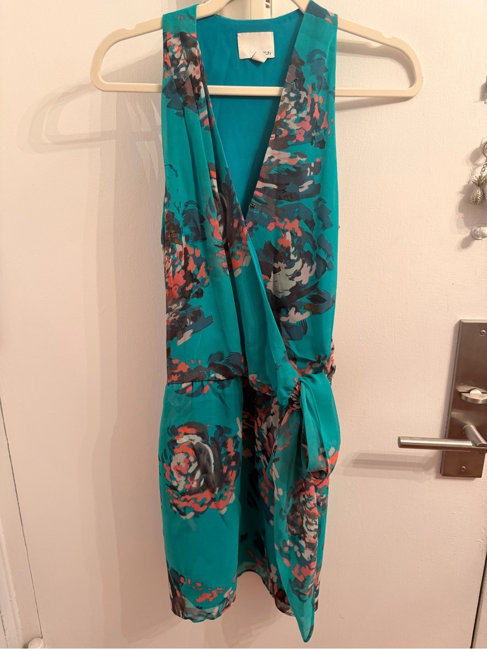 Greylin Teal Floral Mini Dress with Coral and Gray Accents